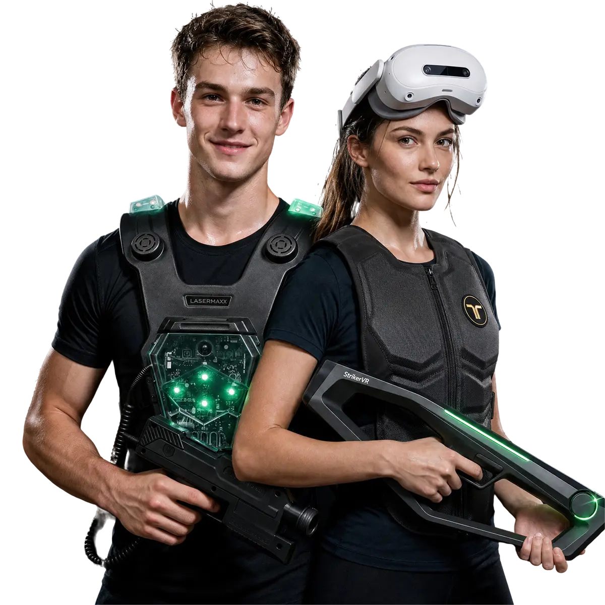 Zwei Spieler, einer mit Lasertag-Weste, eine mit VR-Brille und haptischer Weste