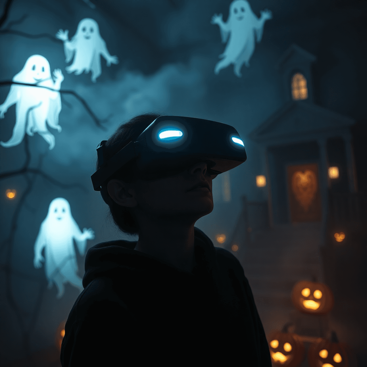 Eine Person trägt ein VR-Headset in einer dunklen, unheimlichen virtuellen Realitätsszene mit gespenstischen Figuren, Elementen eines Spukhauses, l...