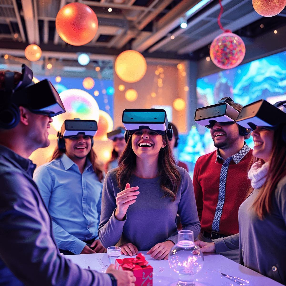 Kollegen, die VR-Headsets tragen, interagieren fröhlich in einer farbenfrohen, futuristischen virtuellen Umgebung, die mit leuchtenden abstrakten F...
