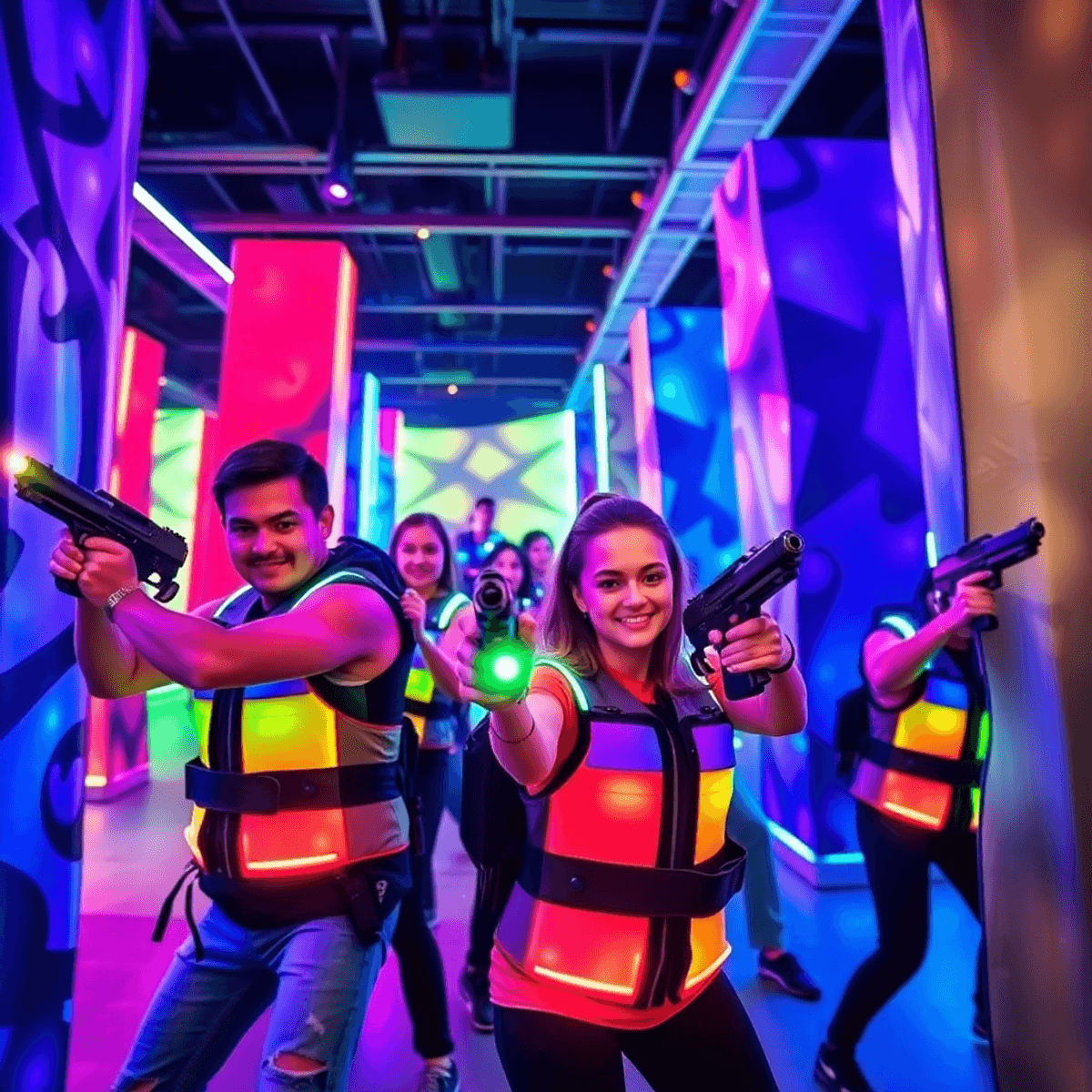 Spieler in futuristischen Westen treten in einer dynamischen, energiegeladenen Indoor-Arena mit lebendigen Neonlichtern und leuchtenden Hindernisse...