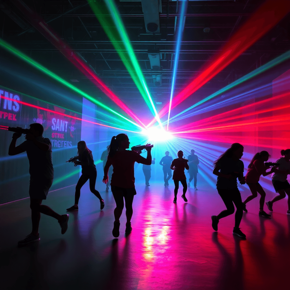 Silhouetten von Spielern in einer neonbeleuchteten Laser-Tag-Arena mit leuchtenden Laserstrahlen, die dynamische Bewegungen und energetische Aktion...