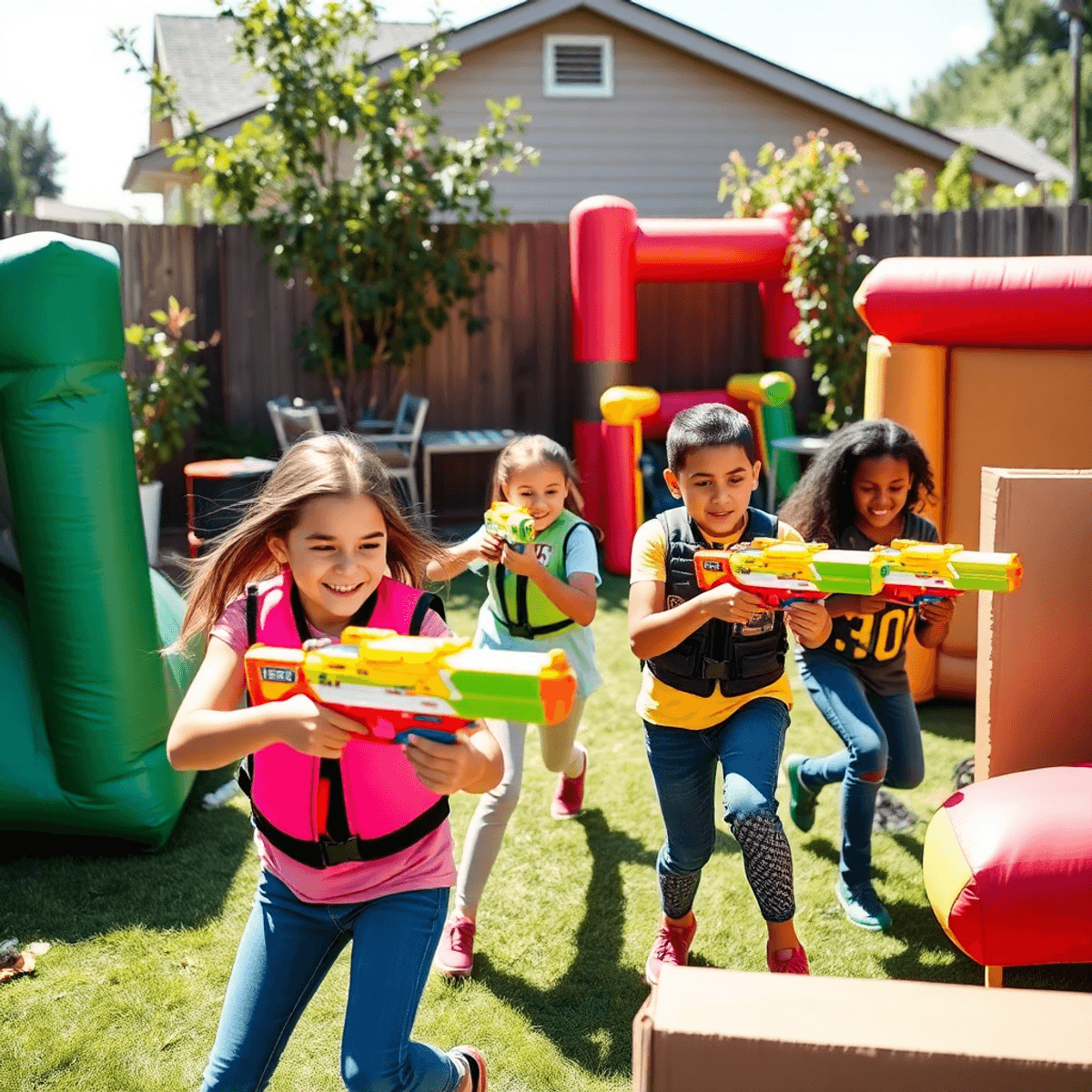 Kinder und Jugendliche spielen mit Nerf-Blastern und Laser-Tag-AusrÃ¼stung in einem mit Hindernissen gefÃ¼llten Garten bei hellem Tageslicht.