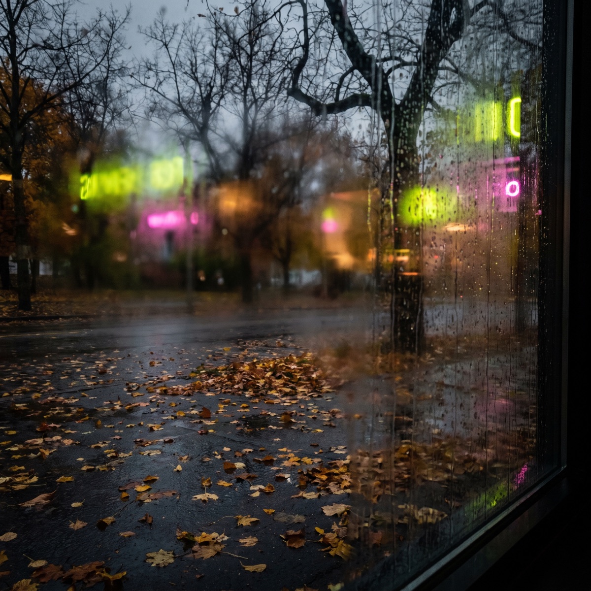 Herbstlicher Regenabend in Siegen mit Neonlicht hinter der Fensterscheibe