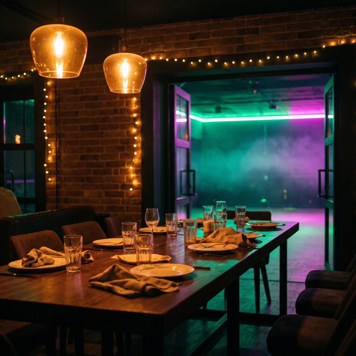Lounge mit gedecktem Tisch, dahinter die beleuchtete Lasertag-Arena