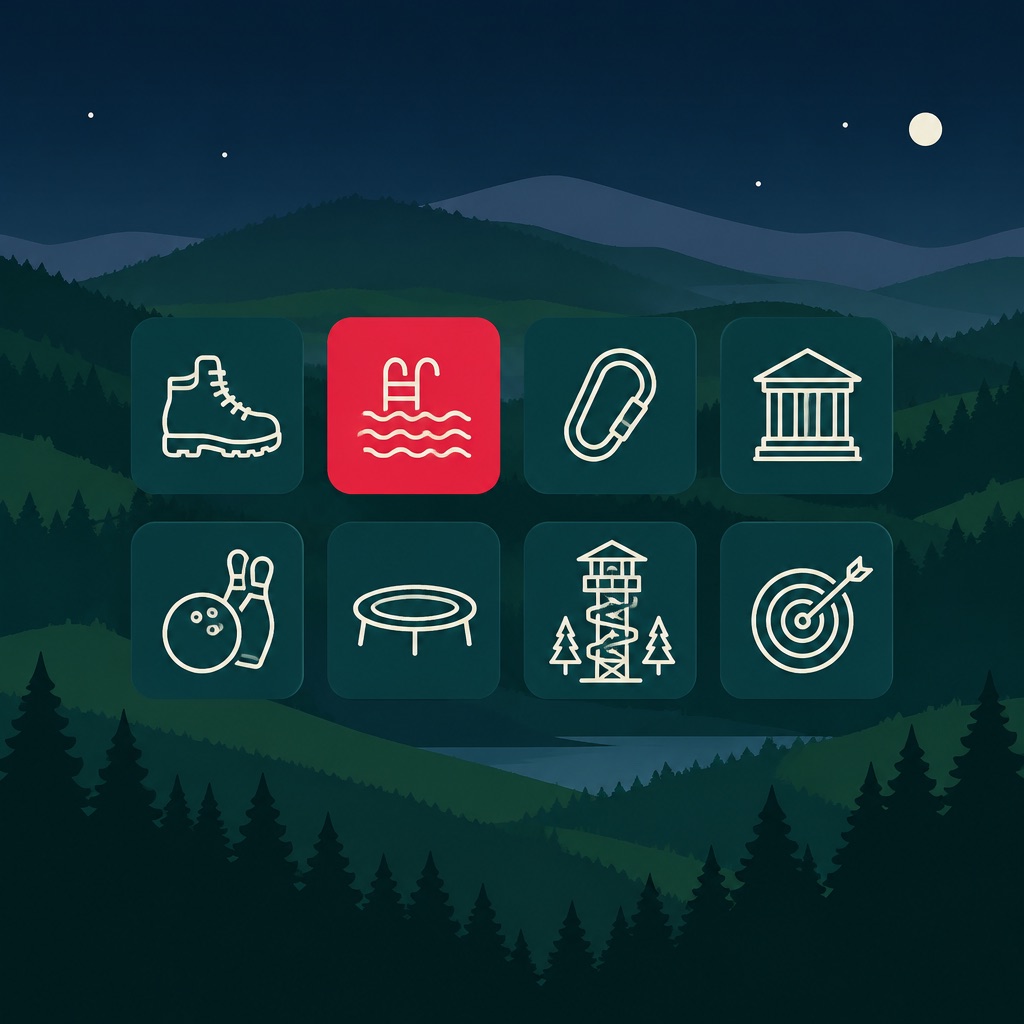 Symbole fÃ¼r Freizeitziele im Siegerland: Wandern, Schwimmen, Klettern, Museum, Bowling, Trampolin, Baumwipfelpfad und Zielscheibe vor bewaldeten HÃ¼geln